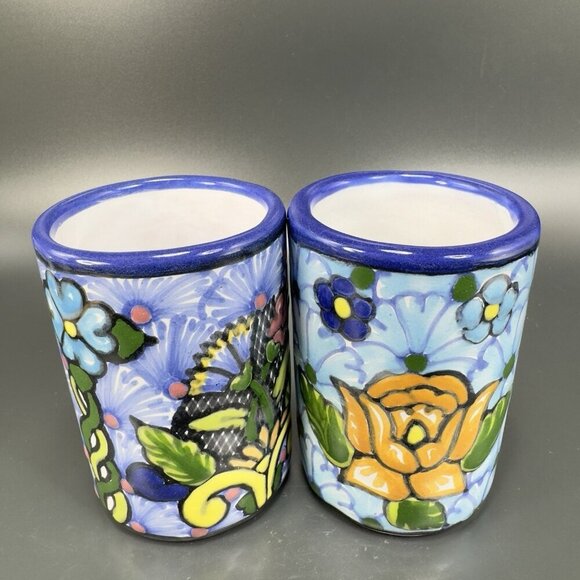 Hand Made Talavera Pottery Cups Tumblers Set 2 Signed Zepeda Puebla Mexico Cups - Picture 9 of 12